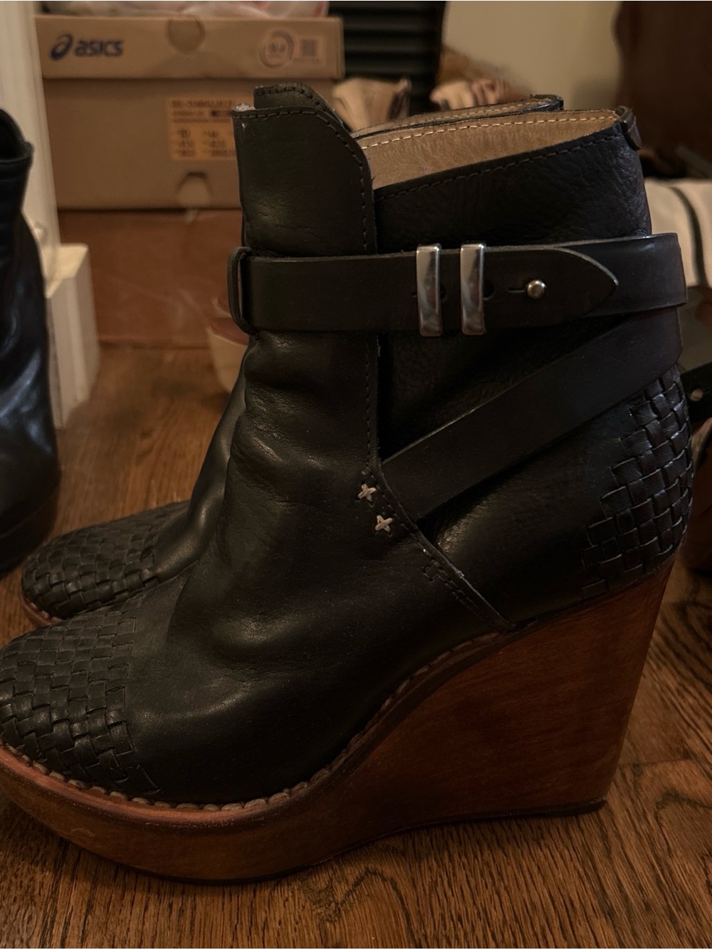 rag & bone Black Woven Leather Wedge Ankle Boots
